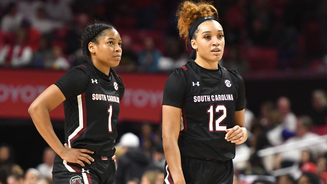 COLLEGE PARK, MD - NOVEMBER 10: Zia Cooke #1 and Breanna Beal #12 of the South Carolina Gamecocks look on during a women's basketball game against the against the Maryland Terrapins at the Xfinity Center on November 10, 2019 in College Park, Maryland.