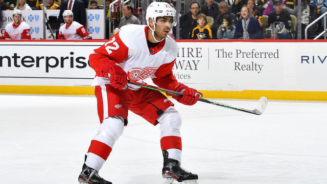 PITTSBURGH, PA - FEBRUARY 16: Andreas Athanasiou #72 of the Detroit Red Wings skates against the Pittsburgh Penguins at PPG PAINTS Arena on February 16, 2020 in Pittsburgh, Pennsylvania.
