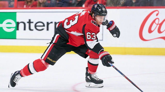 OTTAWA, ON - FEBRUARY 18: Tyler Ennis #63 of the Ottawa Senators skates against the Buffalo Sabres at Canadian Tire Centre on February 18, 2020 in Ottawa, Ontario, Canada.
