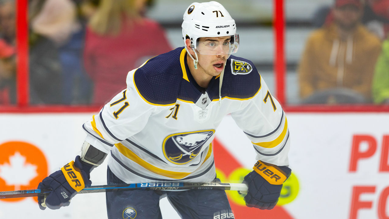 OTTAWA, ON - FEBRUARY 18: Buffalo Sabres Center Evan Rodrigues (71) during warm-up before National Hockey League action between the Buffalo Sabres and Ottawa Senators on February 18, 2020, at Canadian Tire Centre in Ottawa, ON, Canada.