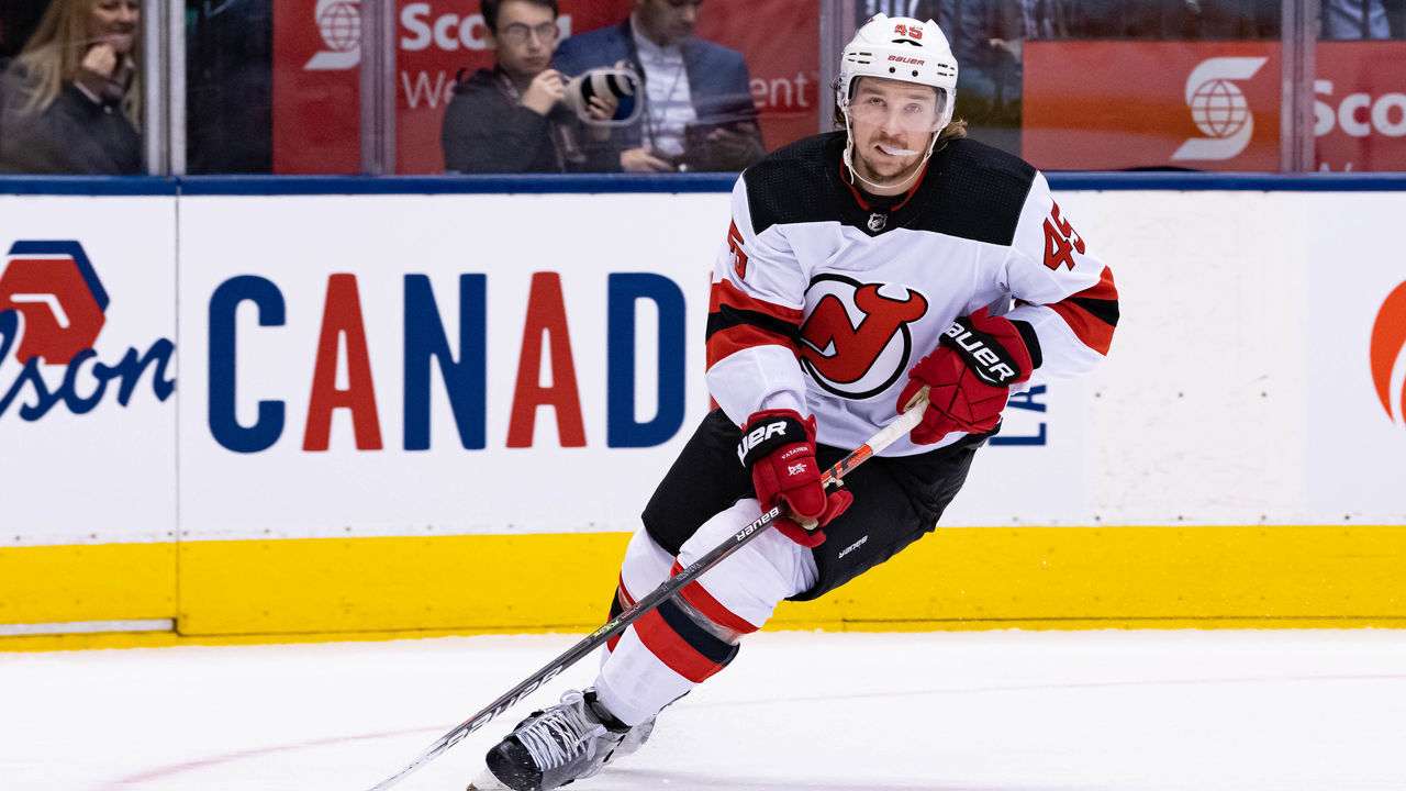 TORONTO, ON - JANUARY 14: New Jersey Devils Defenceman Sami Vatanen (45) skates with the puck during the NHL regular season game between the New Jersey Devils and the Toronto Maple Leafs on January 14, 2019, at Scotiabank Arena in Toronto, ON, Canada.