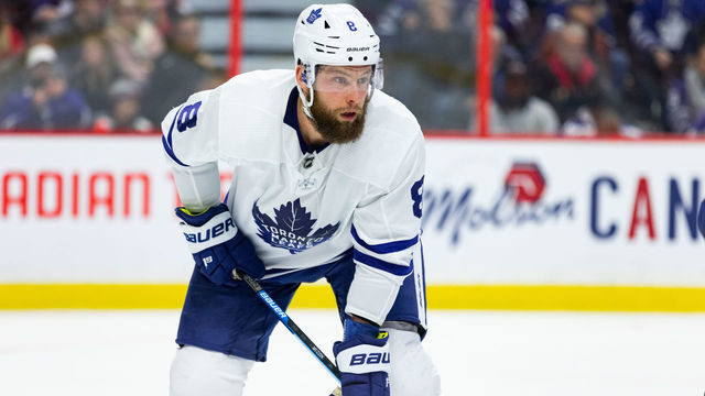 OTTAWA, ON - FEBRUARY 15: Toronto Maple Leafs Defenceman Jake Muzzin (8) prepares for a face-off during third period National Hockey League action between the Toronto Maple Leafs and Ottawa Senators on February 15, 2020, at Canadian Tire Centre in Ottawa, ON, Canada.