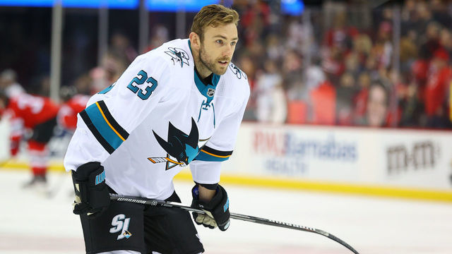 NEWARK, NJ - FEBRUARY 20: San Jose Sharks right wing Barclay Goodrow (23) warms up prior to the National Hockey League game between the New Jersey Devils and the San Jose Sharks on February 20, 2020 at the Prudential Center in Newark, NJ.