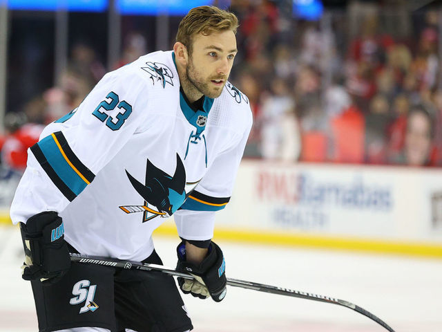 NEWARK, NJ - FEBRUARY 20: San Jose Sharks right wing Barclay Goodrow (23) warms up prior to the National Hockey League game between the New Jersey Devils and the San Jose Sharks on February 20, 2020 at the Prudential Center in Newark, NJ.