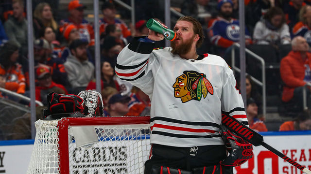 EDMONTON, AB - FEBRUARY 11: Chicago Blackhawks Goalie Robin Lehner (40) takes a drink of water during a TV time out in the first period during the Edmonton Oilers game versus the Chicago Blackhawks on February 11, 2020 at Rogers Place in Edmonton, AB.