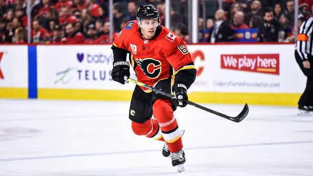 CALGARY, AB - FEBRUARY 15: Calgary Flames Defenceman Brandon Davidson (6) skates during the first period of an NHL game where the Calgary Flames hosted the Chicago Blackhawks on February 15, 2020, at the Scotiabank Saddledome in Calgary, AB.