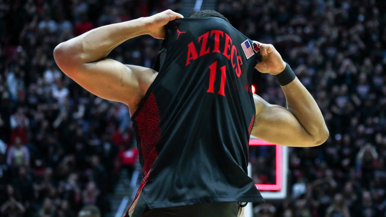 SAN DIEGO, CALIFORNIA - FEBRUARY 22: Matt Mitchell #11 of the San Diego State Aztecs reacts after losing their first game of the season against the UNLV Runnin' Rebels at Viejas Arena on February 22, 2020 in San Diego, California. The Runnin' Rebels won the game 66-63.