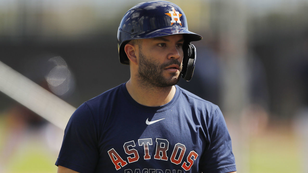 WEST PALM BEACH, FLORIDA - FEBRUARY 18: Jose Altuve #27 of the Houston Astros looks on during a team workout at FITTEAM Ballpark of The Palm Beaches on February 18, 2020 in West Palm Beach, Florida.