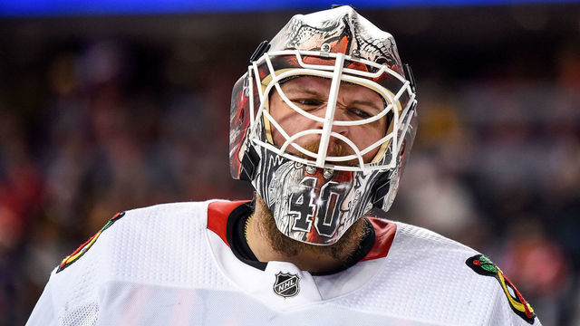 CALGARY, AB - FEBRUARY 15: Chicago Blackhawks Goalie Robin Lehner (40) makes an expression between plays during the first period of an NHL game where the Calgary Flames hosted the Chicago Blackhawks on February 15, 2020, at the Scotiabank Saddledome in Calgary, AB.