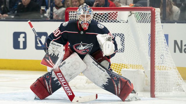 COLUMBUS, OH - FEBRUARY 14: Columbus Blue Jackets goaltender Elvis Merzlikins (90) tends net during the game between the Columbus Blue Jackets and the New York Rangers at Nationwide Arena in Columbus, Ohio on February 14, 2020.