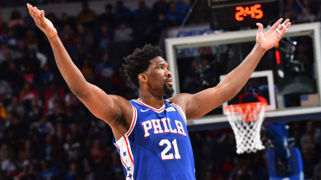 PHILADELPHIA, PA - FEBRUARY 24: Joel Embiid #21 of the Philadelphia 76ers reacts during a game against the Atlanta Hawks on February 24, 2020 at the Wells Fargo Center in Philadelphia, Pennsylvania NOTE TO USER: User expressly acknowledges and agrees that, by downloading and/or using this Photograph, user is consenting to the terms and conditions of the Getty Images License Agreement. Mandatory Copyright Notice: Copyright 2020 NBAE