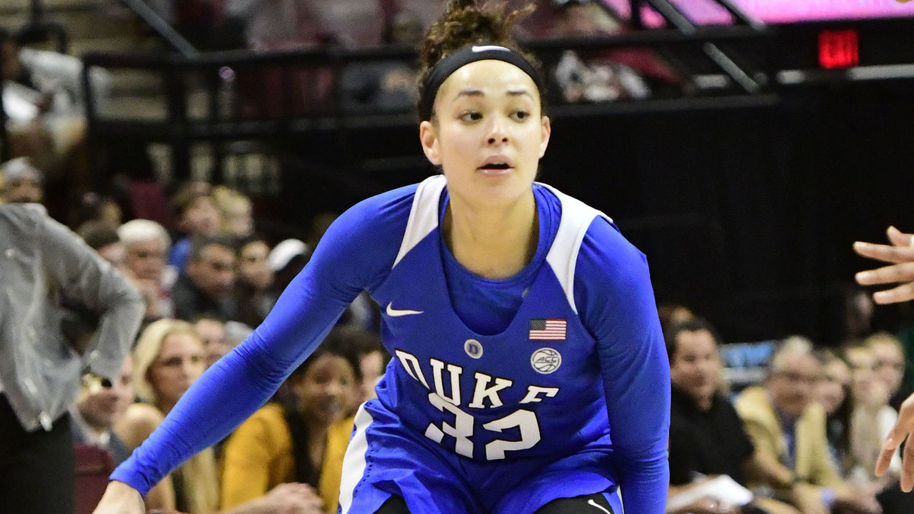 TALLAHASSEE, FL - JANUARY 20: Jayda Adams (32) guard Duke University Blue Devils dribbles the basketball against the Florida State University (FSU) Seminoles in an Atlantic Coast Conference (ACC) match-up, Sunday, January 20, 2019, at Donald Tucker Center in Tallahassee, Florida.