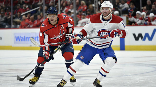WASHINGTON, DC - FEBRUARY 20: Capitals left wing Alexander Alex Ovechkin (8) and fellow Russian Canadiens right wing Ilya Kovalchuk (17) line up beside each other for a face-off during the Montreal Canadiens vs. Washington Capitals NHL game on February 20, 2020 at Capital One Arena in Washington, D.C..