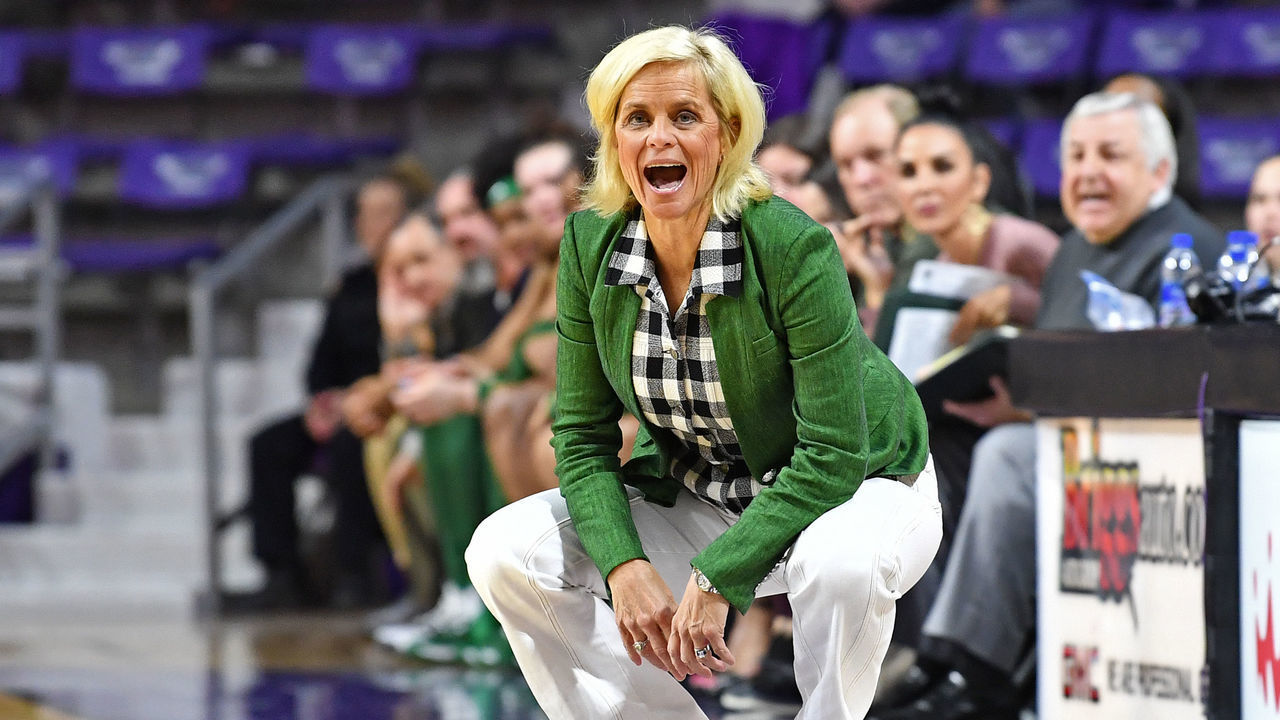 MANHATTAN, KS - FEBRUARY 08: Head coach Kim Mulkey of the Baylor Lady Bears calls out instructions to her players during the third quarter against the Kansas State Wildcats on February 8, 2020 at Bramlage Coliseum in Manhattan, Kansas.