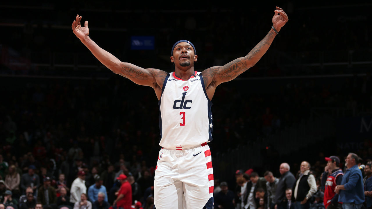 WASHINGTON, DC - FEBRUARY 24: Bradley Beal #3 of the Washington Wizards reacts to a play during the game against the Milwaukee Bucks on February 24, 2020 at Capital One Arena in Washington, DC. Mandatory Copyright Notice: Copyright 2020 NBAE