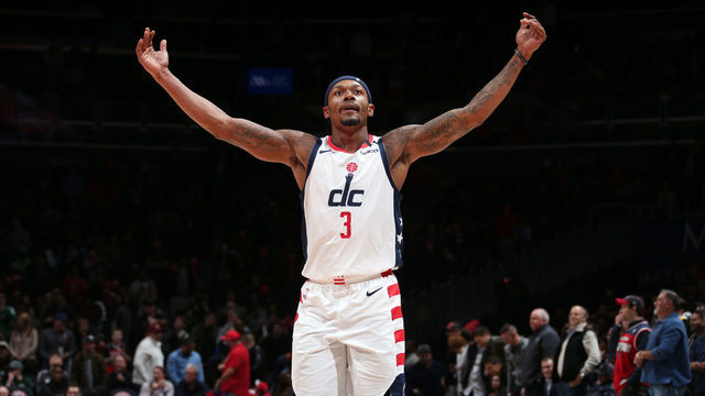 WASHINGTON, DC - FEBRUARY 24: Bradley Beal #3 of the Washington Wizards reacts to a play during the game against the Milwaukee Bucks on February 24, 2020 at Capital One Arena in Washington, DC. Mandatory Copyright Notice: Copyright 2020 NBAE