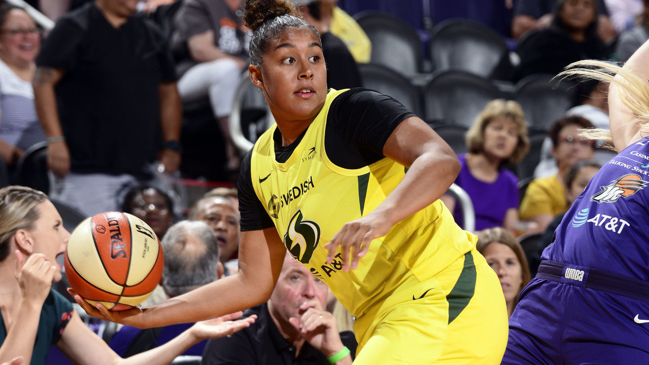 PHOENIX, AZ- SEPTEMBER 3: Kaleena Mosqueda-Lewis #23 of the Seattle Storm handles the ball during the game against the Phoenix Mercury on September 3, 2019 at the Talking Stick Resort Arena, in Phoenix, Arizona. Mandatory Copyright Notice: Copyright 2019 NBAE