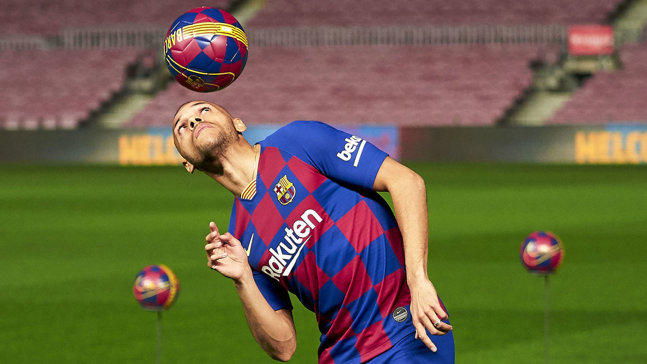 BARCELONA, SPAIN - FEBRUARY 20: Martin Braithwaite of FC Barcelona with the ball during his unveiling at Camp Nou on February 20, 2020 in Barcelona, Spain.