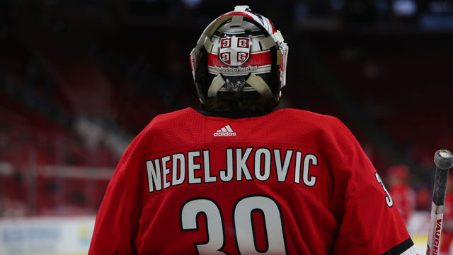 RALEIGH, NC - SEPTEMBER 18: Carolina Hurricanes goaltender Alex Nedeljkovic (39) during the warmups of the Carolina Hurricanes game versus the Tampa Bay Lightning on September 18th, 2019 at PNC Arena in Raleigh, NC.