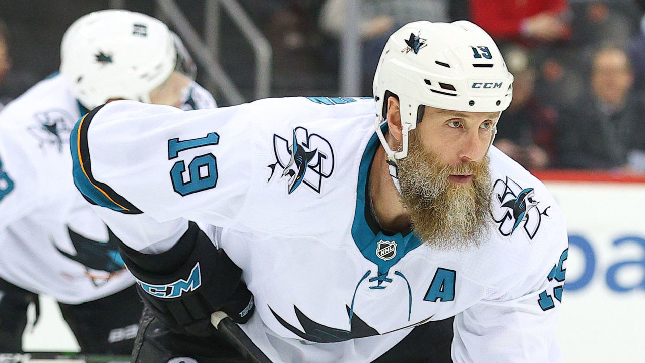 NEWARK, NJ - FEBRUARY 20: San Jose Sharks center Joe Thornton (19) during the National Hockey League game between the New Jersey Devils and the San Jose Sharks on February 20, 2020 at the Prudential Center in Newark, NJ.