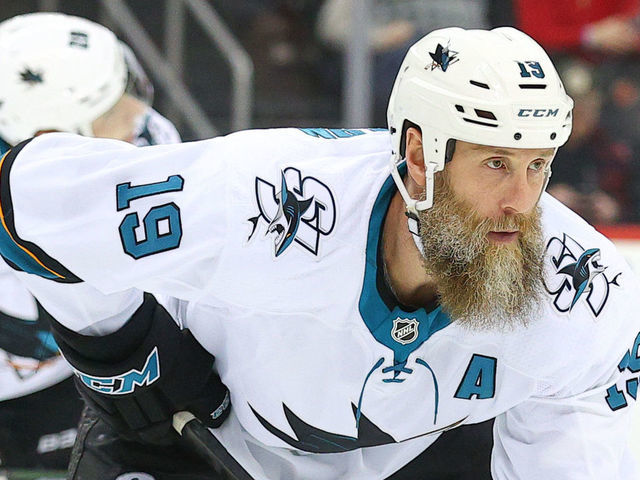 NEWARK, NJ - FEBRUARY 20: San Jose Sharks center Joe Thornton (19) during the National Hockey League game between the New Jersey Devils and the San Jose Sharks on February 20, 2020 at the Prudential Center in Newark, NJ.