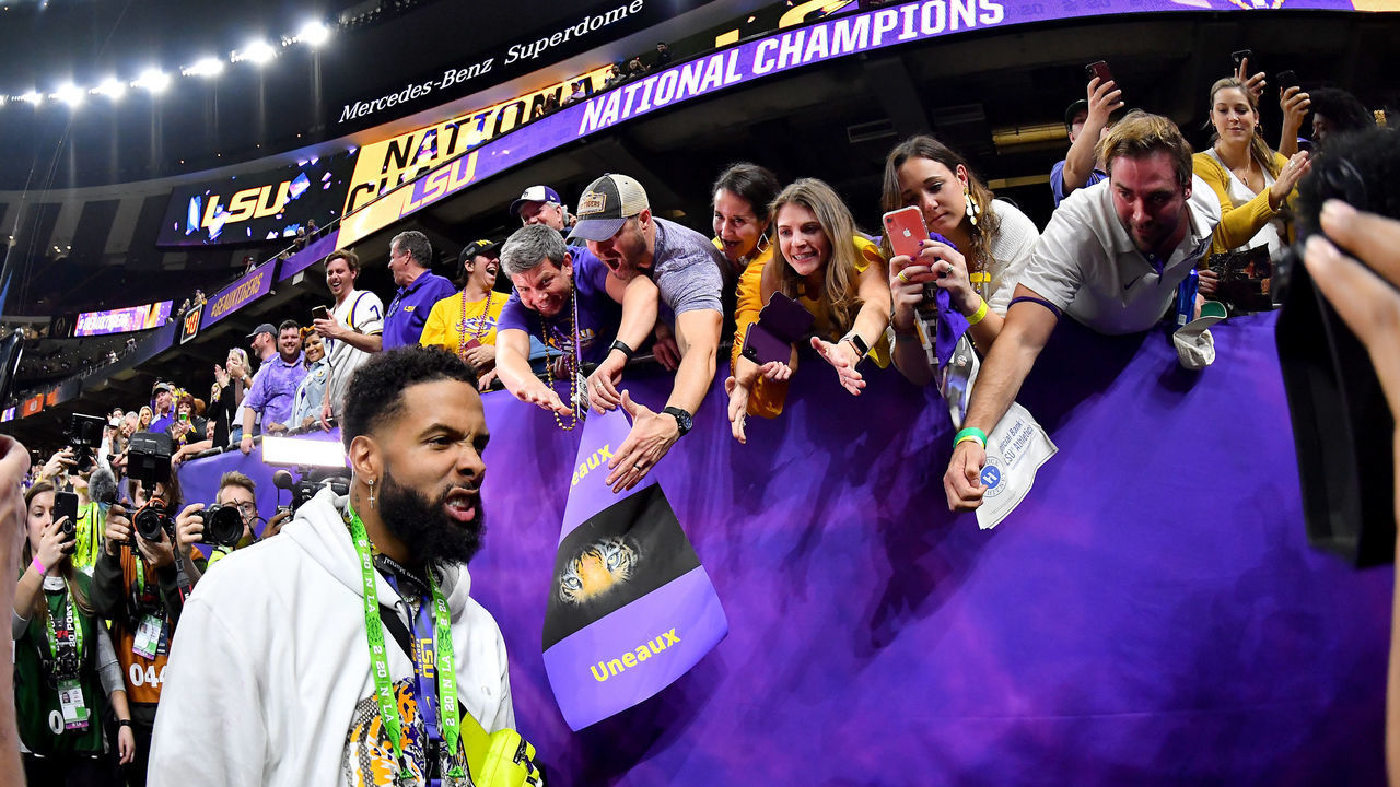 NEW ORLEANS, LOUISIANA - JANUARY 13: Current NFL player, and former LSU Tiger, Odell Beckham Jr., is pumped after the College Football Playoff National Championship game against the Clemson Tigers at the Mercedes Benz Superdome on January 13, 2020 in New Orleans, Louisiana. The LSU Tigers topped the Clemson Tigers, 42-25.
