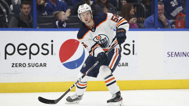 TAMPA, FL - FEBRUARY 13: Edmonton Oilers right wing Kailer Yamamoto (56) skates with the puck in the 1st period of the NHL game between the Edmonton Oilers and Tampa Bay Lightning on February 13, 2020 at Amalie Arena in Tampa, FL.