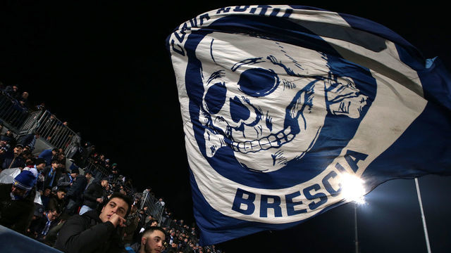 BRESCIA, ITALY - FEBRUARY 21: Bresc ia fans wave a giant flag during the Serie A match between Brescia Calcio and SSC Napoli at Stadio Mario Rigamonti on February 21, 2020 in Brescia, Italy.