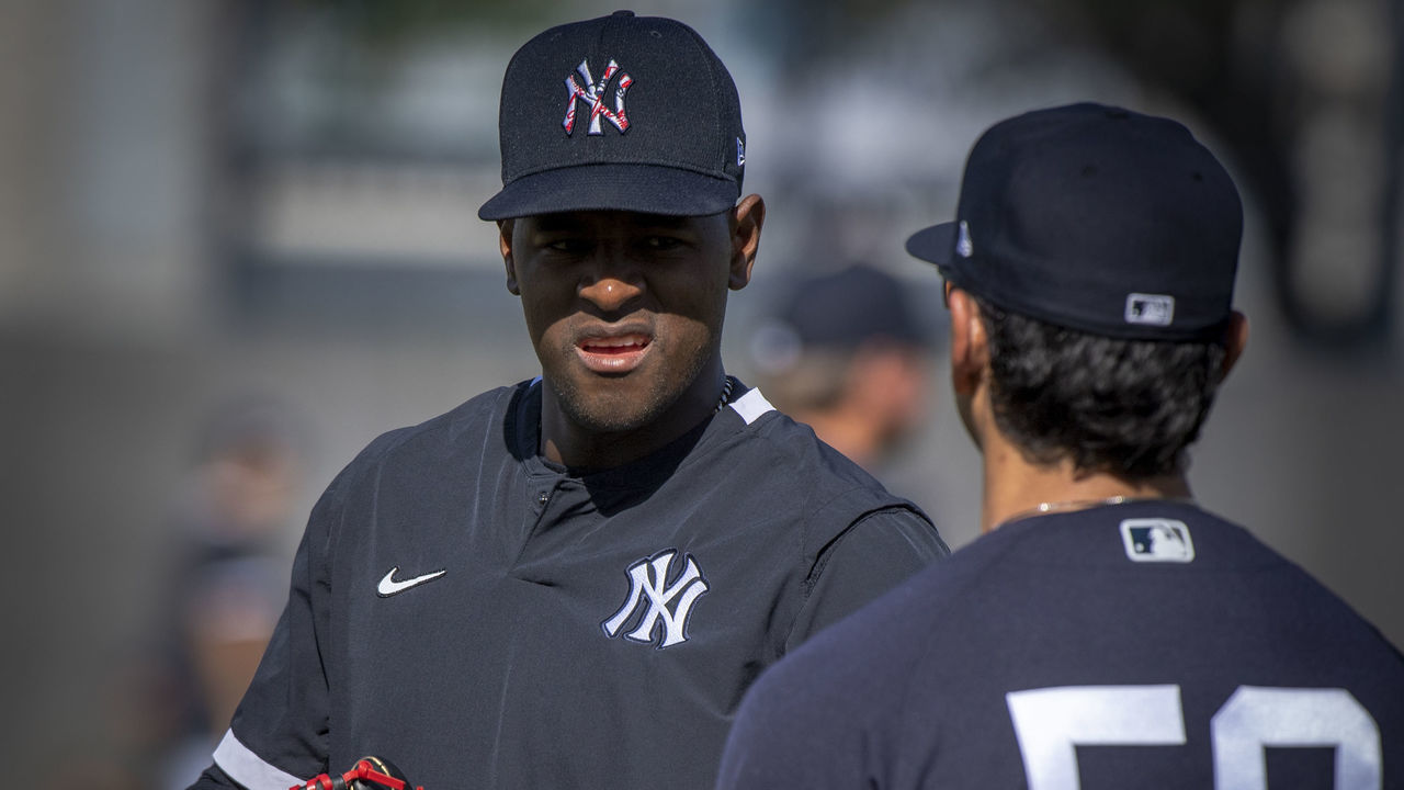 Tampa, FL: New York Yankees pitcher Luis Severino conversing with first base coach Reggie Willits during spring training in Tampa, Florida on Tuesday Feb. 18, 2020.