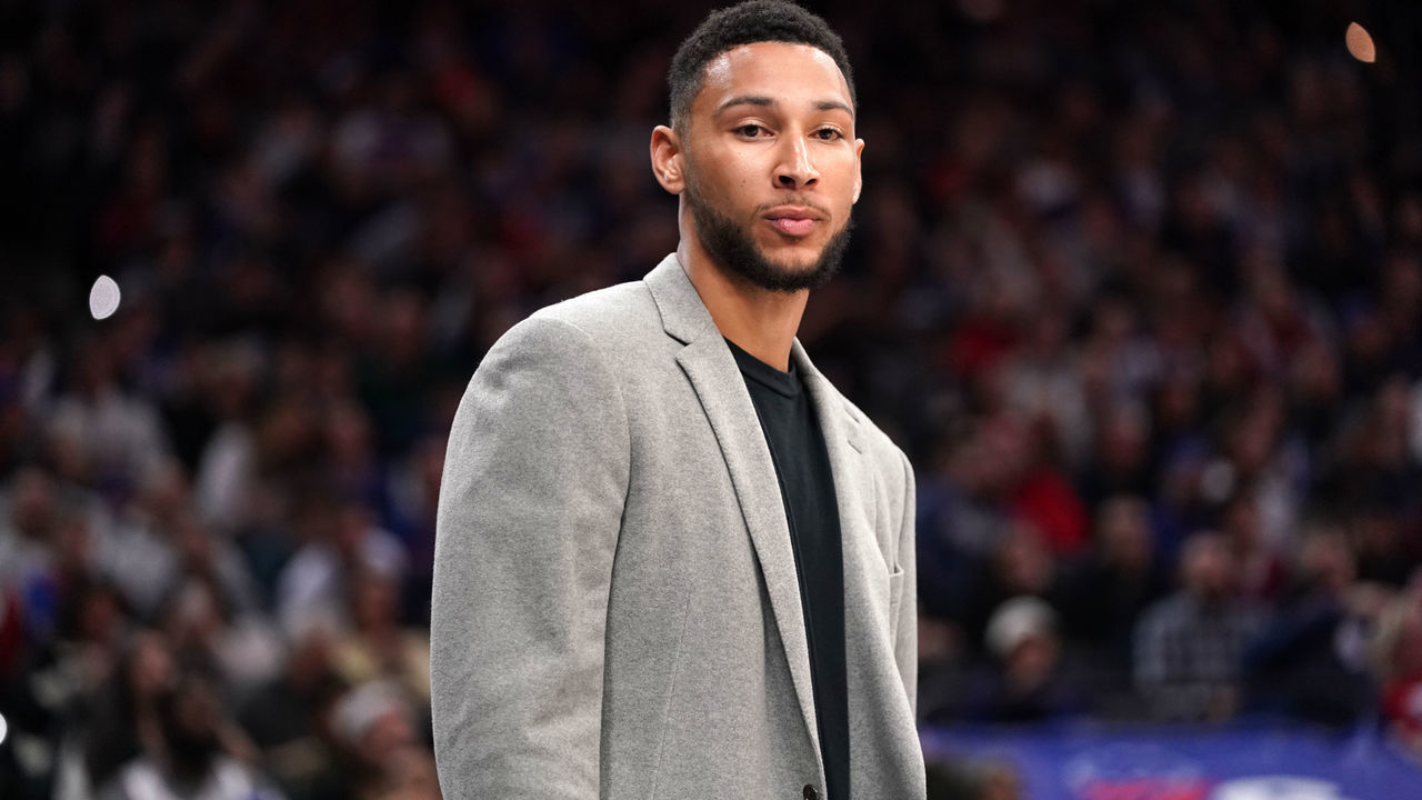 PHILADELPHIA, PA - FEBRUARY 20: Ben Simmons #25 of the Philadelphia 76ers looks on during a game against the Brooklyn Nets on February 20, 2020 at the Wells Fargo Center in Philadelphia, Pennsylvania NOTE TO USER: User expressly acknowledges and agrees that, by downloading and/or using this Photograph, user is consenting to the terms and conditions of the Getty Images License Agreement. Mandatory Copyright Notice: Copyright 2020 NBAE