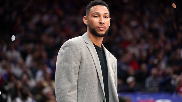 PHILADELPHIA, PA - FEBRUARY 20: Ben Simmons #25 of the Philadelphia 76ers looks on during a game against the Brooklyn Nets on February 20, 2020 at the Wells Fargo Center in Philadelphia, Pennsylvania NOTE TO USER: User expressly acknowledges and agrees that, by downloading and/or using this Photograph, user is consenting to the terms and conditions of the Getty Images License Agreement. Mandatory Copyright Notice: Copyright 2020 NBAE