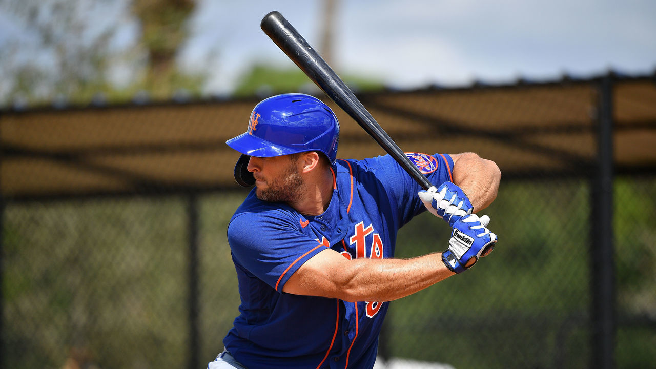 PORT ST. LUCIE, FLORIDA - FEBRUARY 20: Tim Tebow #85 of the New York Mets hits during batting practice at the team workouts at Clover Park on February 20, 2020 in Port St. Lucie, Florida.
