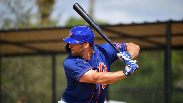 PORT ST. LUCIE, FLORIDA - FEBRUARY 20: Tim Tebow #85 of the New York Mets hits during batting practice at the team workouts at Clover Park on February 20, 2020 in Port St. Lucie, Florida.