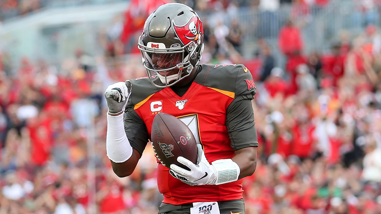 TAMPA, FL - DEC 21: Jameis Winston (3) of the Bucs holds the football after Ronald Jones scored a rushing touchdown during the regular season game between the Houston Texans and the Tampa Bay Buccaneers on December 21, 2019 at Raymond James Stadium in Tampa, Florida.
