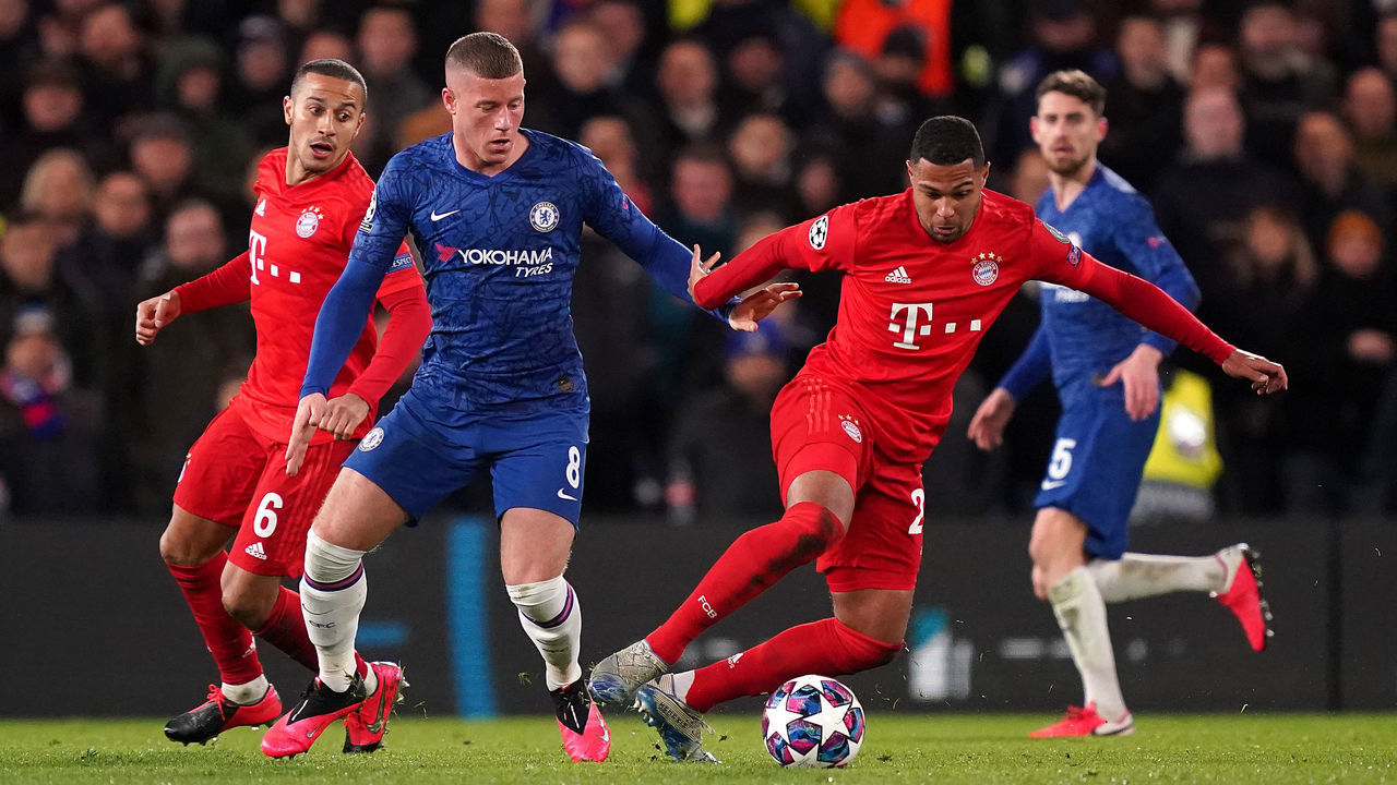 Chelsea's Ross Barkley (left) and Bayern Munich's Serge Gnabry battle for the ball Chelsea v Bayern Munich - UEFA Champions League - Round of 16 - First Leg - Stamford Bridge 25-02-2020 .
