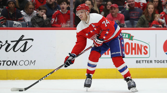 WASHINGTON, DC - FEBRUARY 23: John Carlson #74 of the Washington Capitals skates with the puck against the Pittsburgh Penguins during the second period at Capital One Arena on February 23, 2020 in Washington, DC.