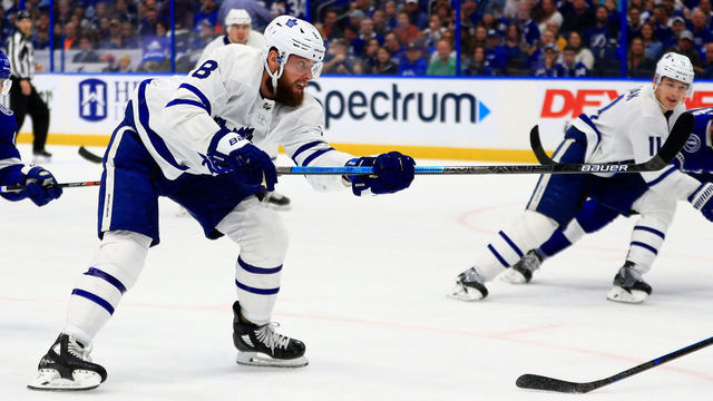 TAMPA, FLORIDA - FEBRUARY 25: Jake Muzzin #8 of the Toronto Maple Leafs shoots during a game against the Tampa Bay Lightning at Amalie Arena on February 25, 2020 in Tampa, Florida.
