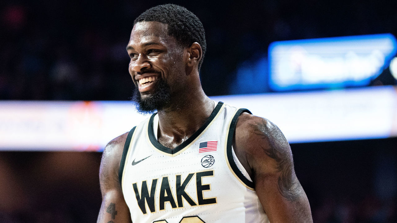 WINSTON-SALEM, NORTH CAROLINA - FEBRUARY 25: Chaundee Brown #23 of the Wake Forest Demon Deacons smiles after a play during the first half during their game against the Duke Blue Devils at LJVM Coliseum Complex on February 25, 2020 in Winston-Salem, North Carolina.