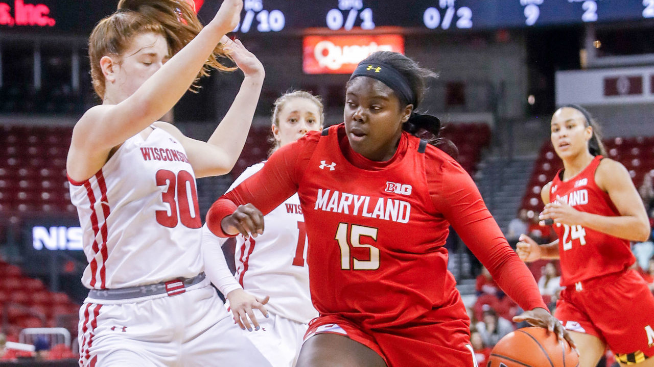 MADISON, WI - FEBRUARY 19: Wisconsin guard Sydney Hilliard (30) can't stop University of Maryland guard Ashley Owusu (15) during a college basketball game between the University of Wisconsin Badgers and the University of Maryland Terrapins on February 19, 2020 at the Kohl Center in Madison, WI.