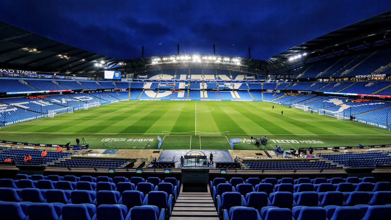 MANCHESTER, ENGLAND - FEBRUARY 19: General view inside the stadium prior to the Premier League match between Manchester City and West Ham United at Etihad Stadium on February 19, 2020 in Manchester, United Kingdom.