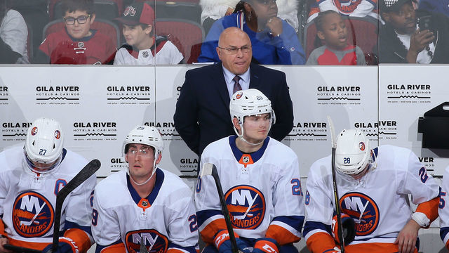 GLENDALE, ARIZONA - FEBRUARY 17: Head coach Barry Trotz of the New York Islanders watches from the bench during the first period of the NHL game against the Arizona Coyotes at Gila River Arena on February 17, 2020 in Glendale, Arizona.