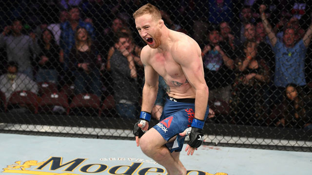 PHILADELPHIA, PA - MARCH 30: Justin Gaethje reacts after knocking out Edson Barboza of Brazil in their lightweight bout during the UFC Fight Night event at Wells Fargo Center on March 30, 2019 in Philadelphia, Pennsylvania.