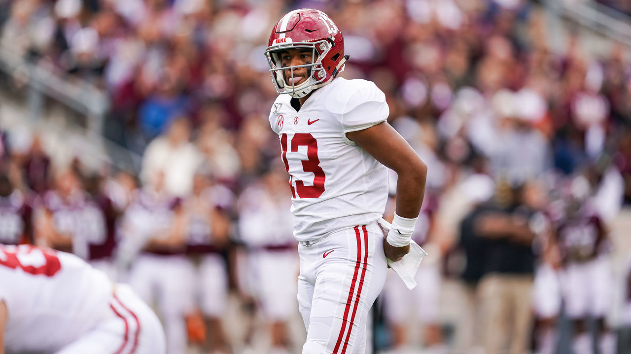 COLLEGE STATION, TX - OCTOBER 12: Alabama Crimson Tide quarterback Tua Tagovailoa (13) gets ready for a play during the college football game between the Alabama Crimson Tide and Texas A&M Aggies on October 12, 2019 at Kyle Field in College Station, Texas.
