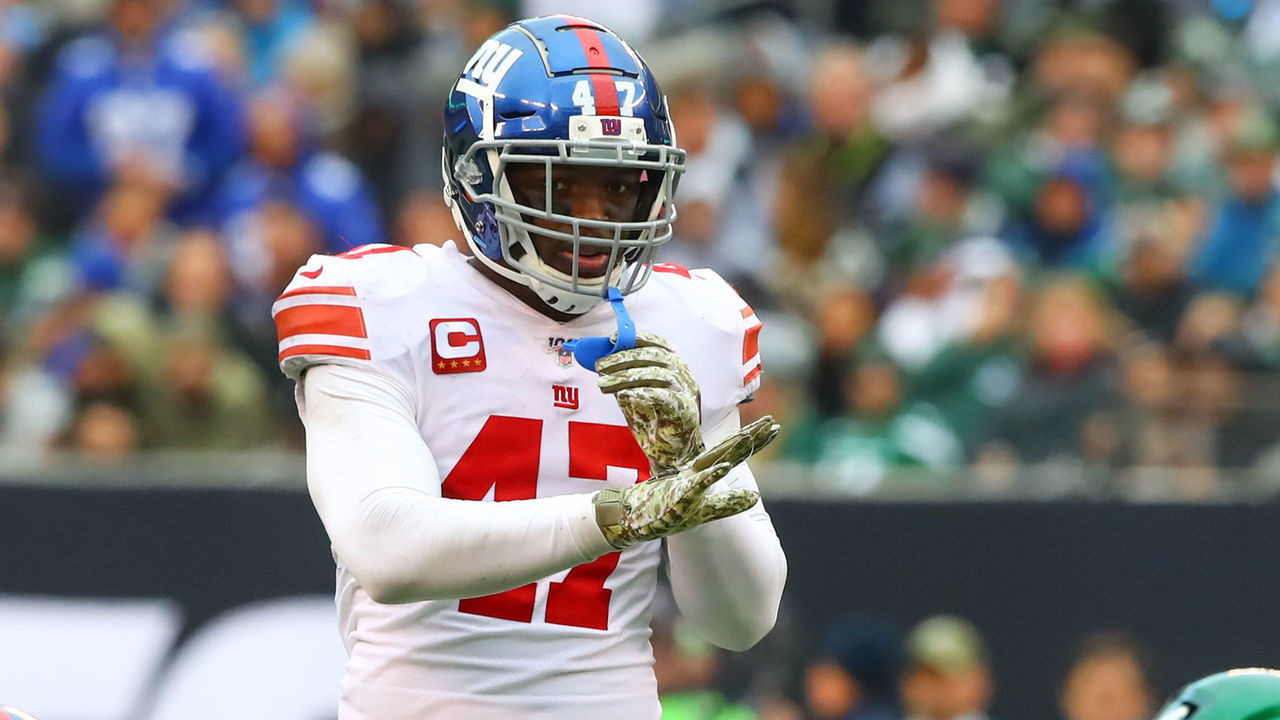 EAST RUTHERFORD, NJ - NOVEMBER 10: New York Giants outside linebacker Alec Ogletree (47) celebrates after scoring during the National Football League game between the New York Jets and the New York Giants on November 10, 2019 at MetLife Stadium in East Rutherford, NJ.