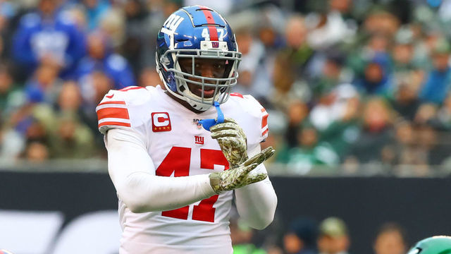 EAST RUTHERFORD, NJ - NOVEMBER 10: New York Giants outside linebacker Alec Ogletree (47) celebrates after scoring during the National Football League game between the New York Jets and the New York Giants on November 10, 2019 at MetLife Stadium in East Rutherford, NJ.