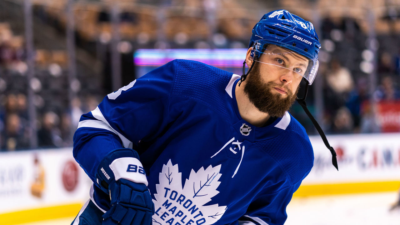 TORONTO, ON - FEBRUARY 11: Jake Muzzin #8 of the Toronto Maple Leafs during warm up before a game against the Arizona Coyotes at the Scotiabank Arena on February 11, 2020 in Toronto, Ontario, Canada.