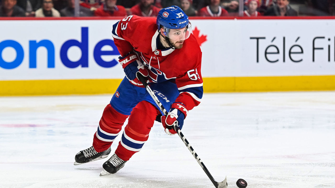 MONTREAL, QC - FEBRUARY 15: Montreal Canadiens defenceman Victor Mete (53) gains control of the puck during the Dallas Stars versus the Montreal Canadiens game on February 15, 2020, at Bell Centre in Montreal, QC
