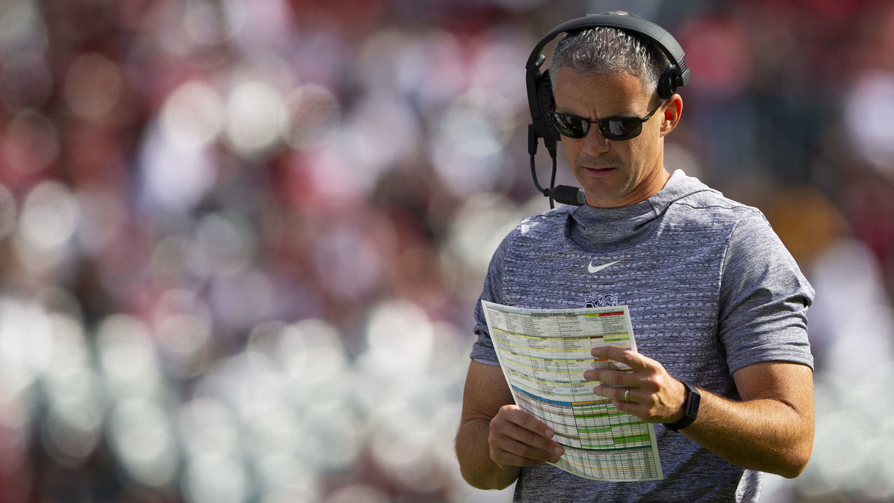 PHILADELPHIA, PA - OCTOBER 12: Head coach Mike Norvell of the Memphis Tigers looks on against the Temple Owls at Lincoln Financial Field on October 12, 2019 in Philadelphia, Pennsylvania.