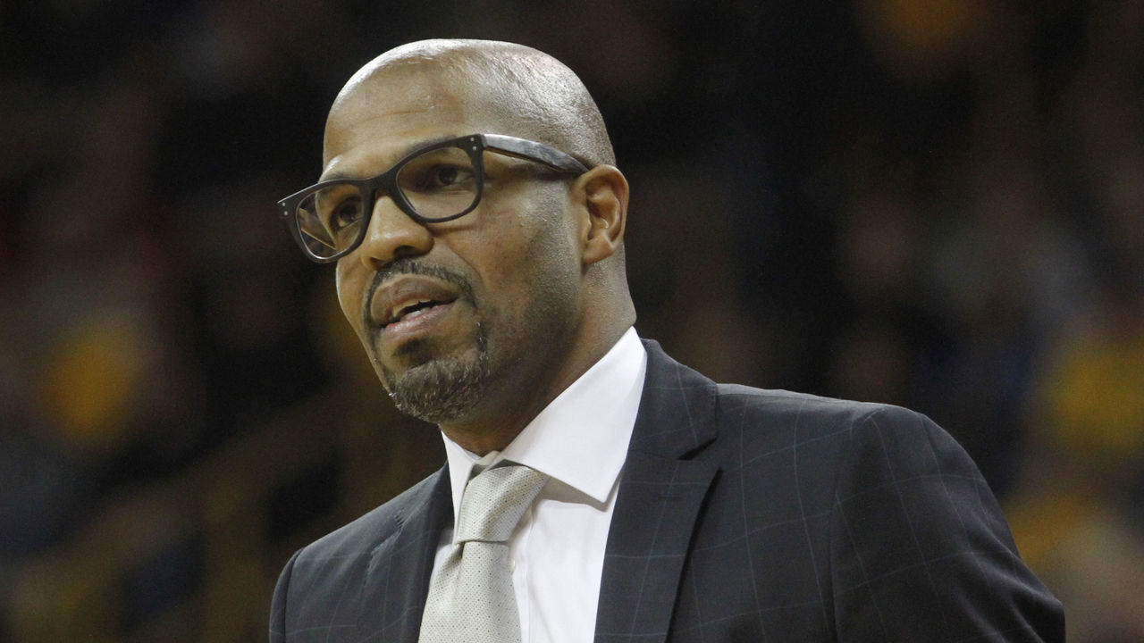 IOWA CITY, IA - NOVEMBER 22: Head coach Jerome Allen of the Pennsylvania Quakers during the first half against the Iowa Hawkeyes on November 22, 2013 at Carver-Hawkeye Arena in Iowa City, Iowa.