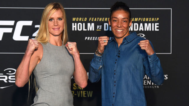 BROOKLYN, NY - FEBRUARY 08: (L-R) Holly Holm and Germaine de Randamie of The Netherlands face off during the UFC 208 Ultimate Media Day at the Barclays Center on February 8, 2017 in Brooklyn, New York.